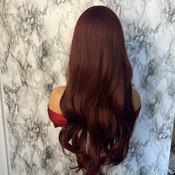 Burgundy Red Long Wavy Wig with Bangs Natural Realistic Hair look - Picture 7 of 7